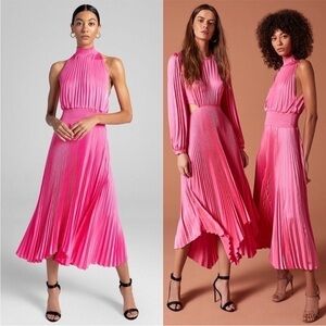 NWT A.L.C Dress Renzo Midi Pleated High Neck in Satin Grapefruit Hot Pink